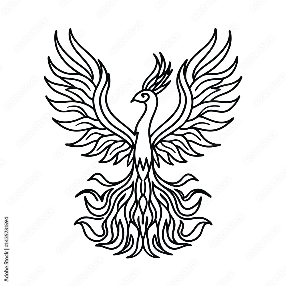 Fototapeta premium Elegant phoenix bird outlined design illustration of mythological creature with wings spread
