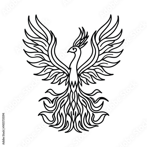 Elegant phoenix bird outlined design illustration of mythological creature with wings spread