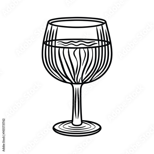 Stylized line art illustration of a wine glass filled with liquid on white background