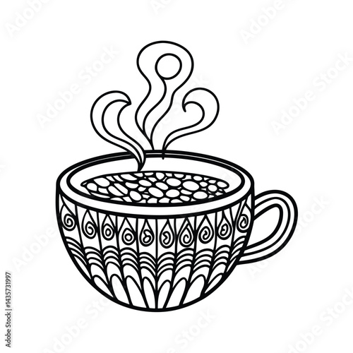 Stylized coffee cup illustration with decorative details and steaming hot beverage vector