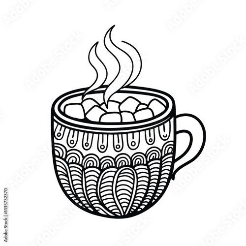 Doodle style hot chocolate mug with marshmallows and steam black and white illustration