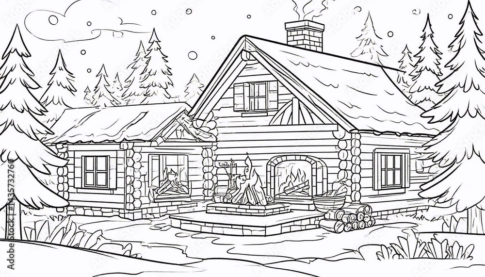 Obraz premium A cozy winter cabin with a fireplace, coloring page for kids, simple outline illustration. Coloring book, simple lines.