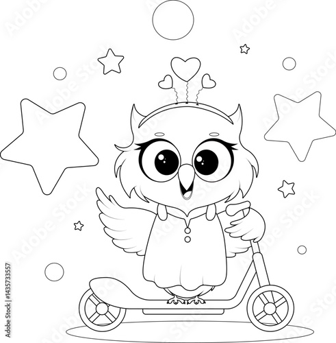 Cute cartoon owl riding a scooter. Coloring page