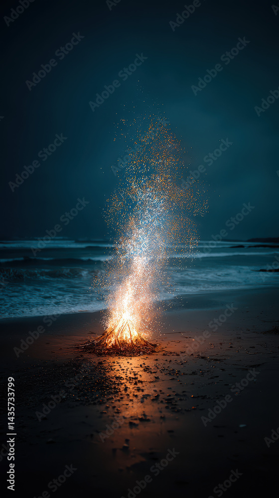 Obraz premium A mesmerizing bonfire crackles vibrantly on the dark beach, its light dancing against the tranquil ocean waves under a clouded and ethereal night sky scene.