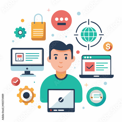 Man Working Online Technology Vector Flat Design Digital Nomad Illustration