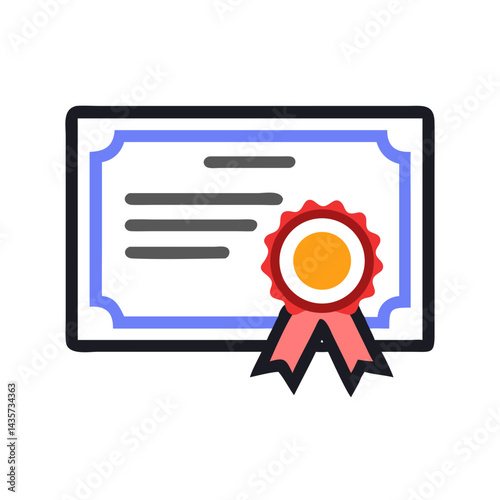Flat vector illustration of a diploma with ribbon rosette
