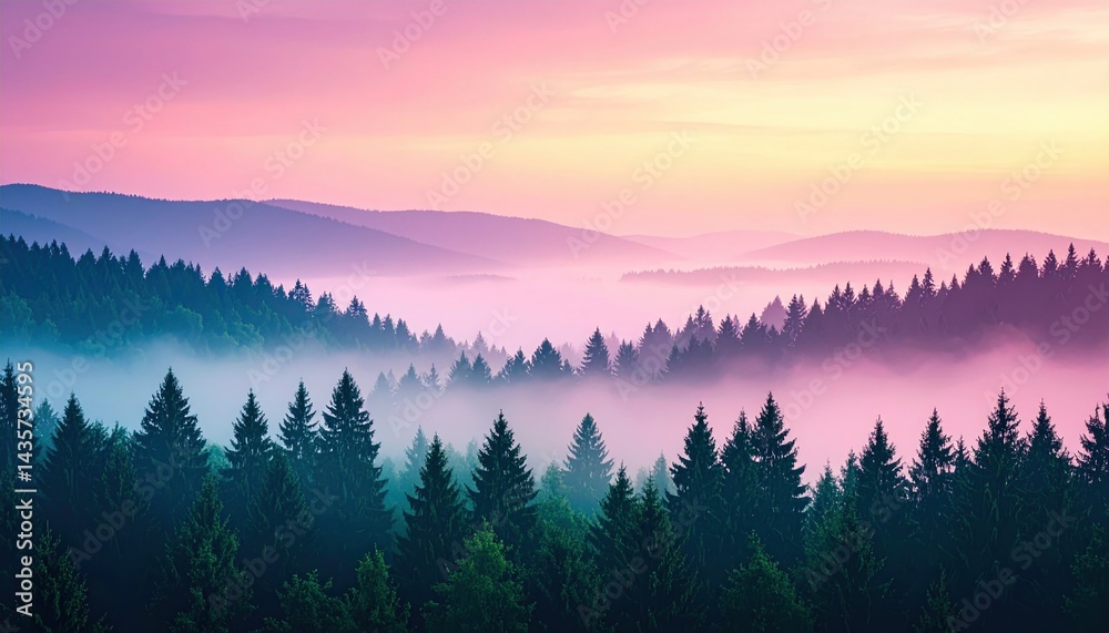 Fototapeta premium Serene sunrise over misty evergreen forest nature landscape photography tranquil environment aerial view peaceful concept