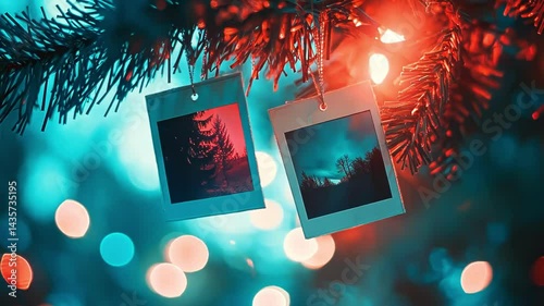 Christmas tree adorned with hanging photos and bokeh lights, festive memories