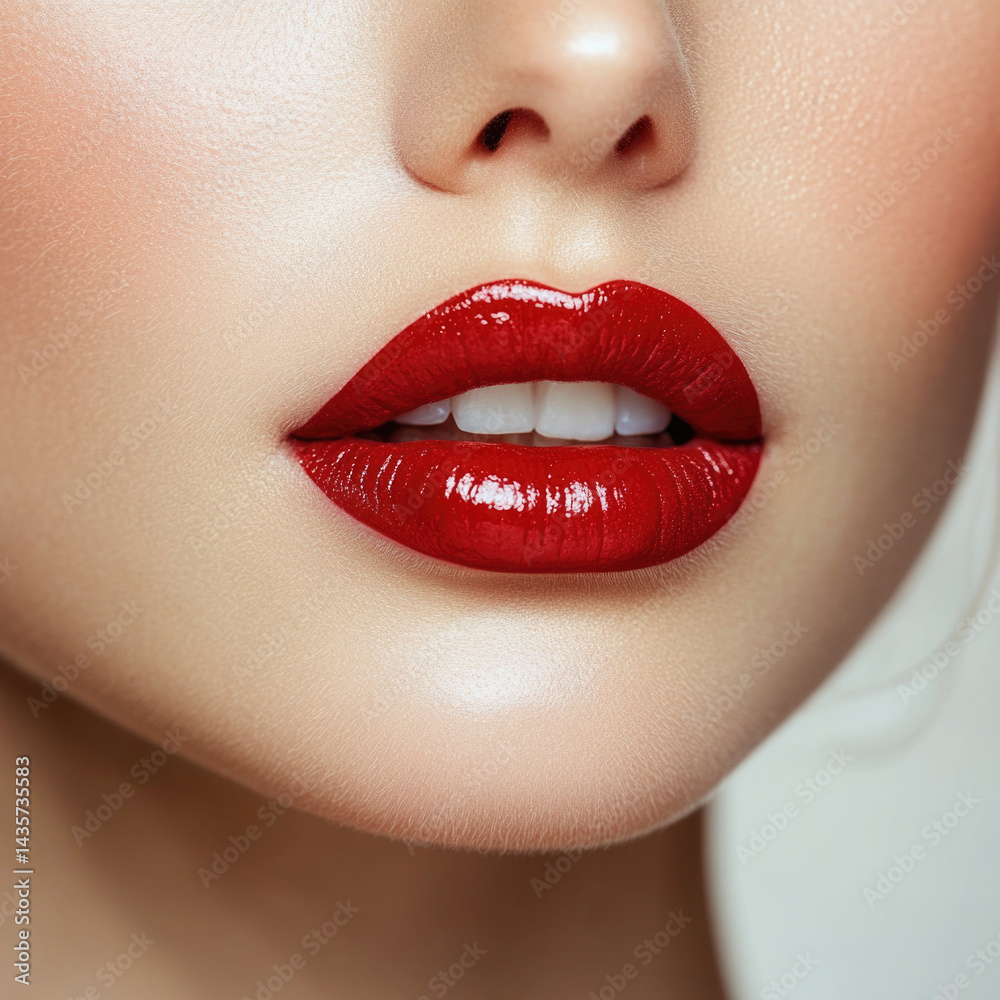 Obraz premium Close-up of stylish lips with shiny red lipstick on white background