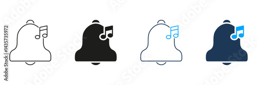 Bell With Music Note Line And Solid Icon Set. Notification Alert, Sound Reminder, And Audio Signal Silhouette Symbol Collection. Ringtone And Alarm Concept. Isolated Vector Illustration