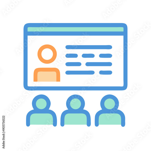 Icon illustration of lecture presentation with three audience members