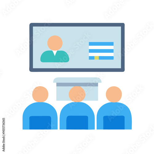 Flat illustration of conference or webinar showing attendees on screen