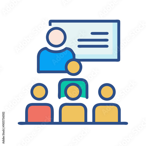 Stylized teacher and students during lecture flat icon illustration