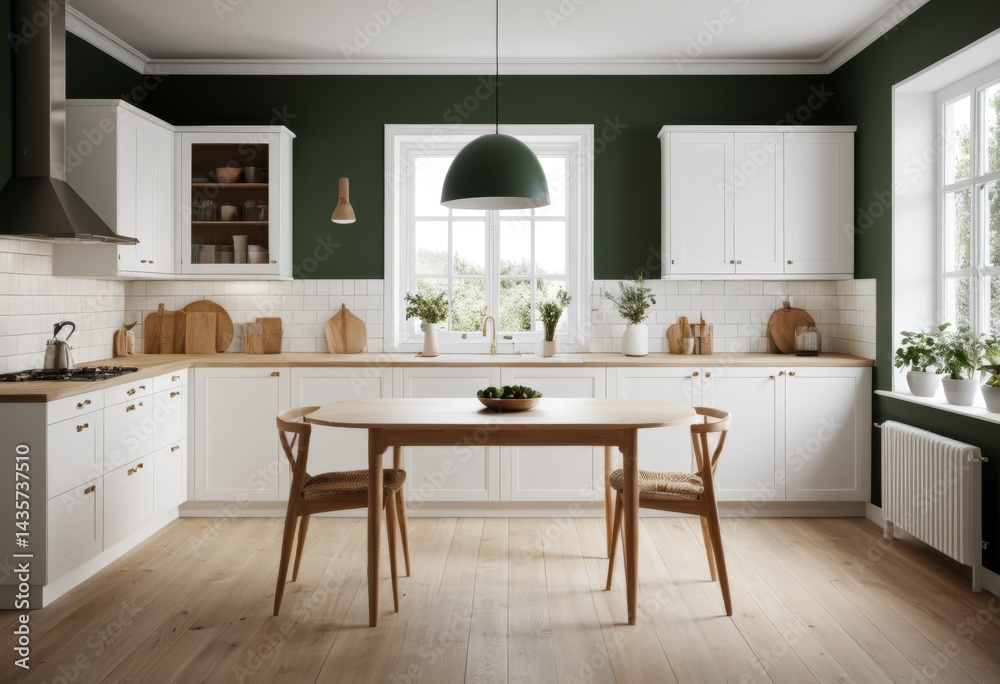 Fototapeta premium The kitchen has a table and chairs with green walls above them