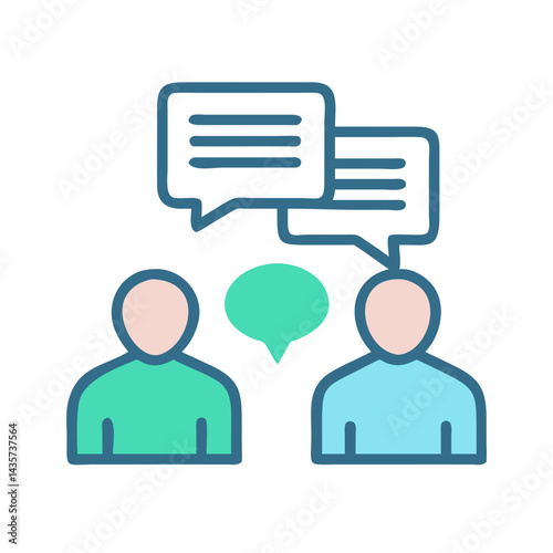 Two people with speech bubbles discussing ideas abstractly