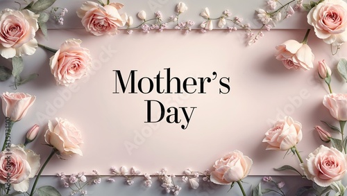 Mother�s Day poster featuring a soft floral border with light, delicate flowers (like roses or lilies) on the top and bottom, leaving a wide and clear center space for text. Subtle pastel background, 