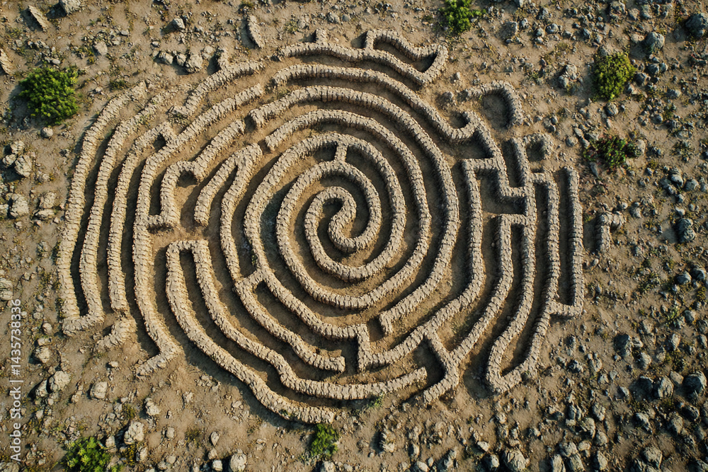 Intricate stone labyrinth nestled among greenery invites exploration and curiosity on a sunny day Intricate stone labyrinth nestled among greenery invites exploration and curiosity on a sunny day