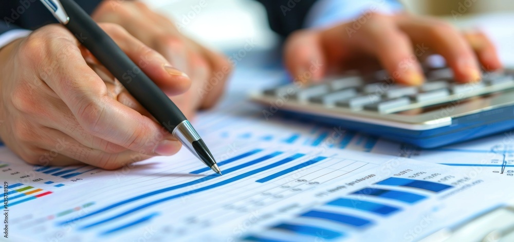 Businessperson analyzes data charts using pen and calculator Businessperson analyzes data charts using pen and calculator