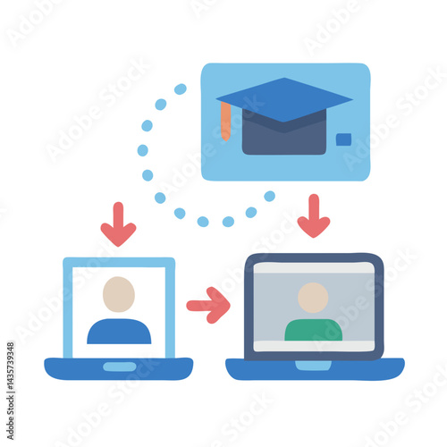 Online learning concept featuring graduation cap laptops and arrows