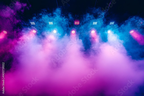 The concert stage is set aglow with strobe lights, purple and blue hues, and swirling white smoke