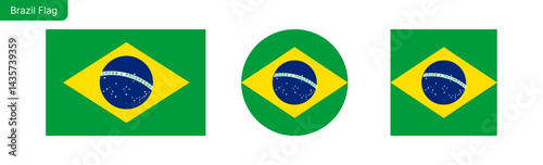Brazil flag png vector. Brazil Square and round icon isolated on transparent PNG background. Brazil flag icon