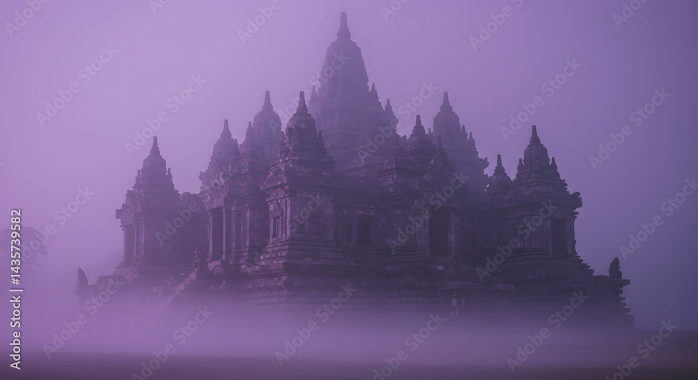 Fototapeta premium Ancient Temple Emerging from Fog Mystical Architecture