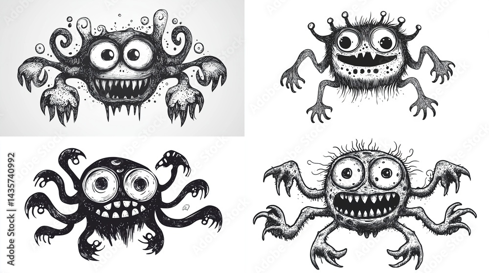 Four quirky, hand-drawn monsters with varying features. Four quirky, hand-drawn monsters with varying features.