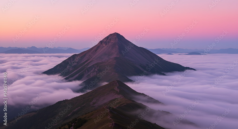 Fototapeta premium Mountain Peak Above Clouds at Sunset with Pink Sky