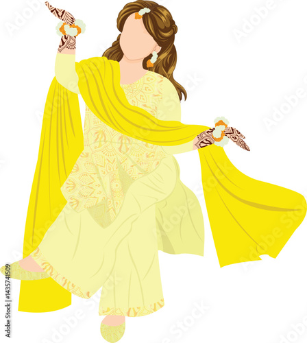 Vector cute indian couple cartoon in traditional dress posing for wedding invitation card design. Indian Floral Wedding Invitation Card template for Haldi, Mehndi, Sangeet, qawali night, dholki, Mayou