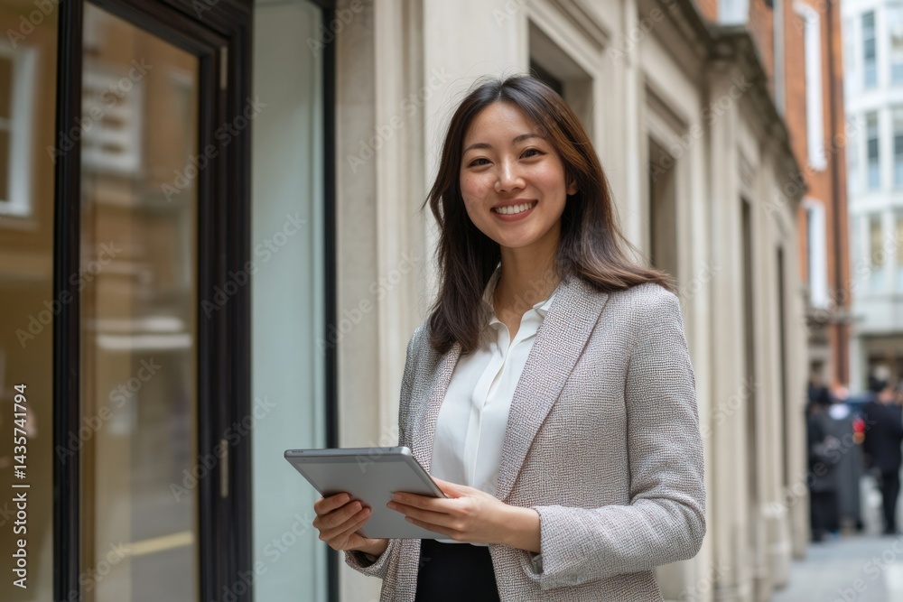 A smiling businesswoman stands outside an office building, holding a tablet. A smiling businesswoman stands outside an office building, holding a tablet.