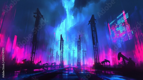 Futuristic oil rigs neon city night digital art