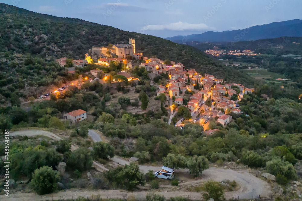 Aerial view of Eus, the medieval hilltop town in Pyrenees mountains, France.