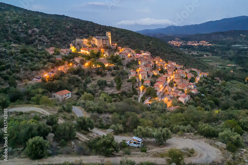 Obraz na płótnie Aerial view of Eus, the medieval hilltop town in Pyrenees mountains, France. w salonie