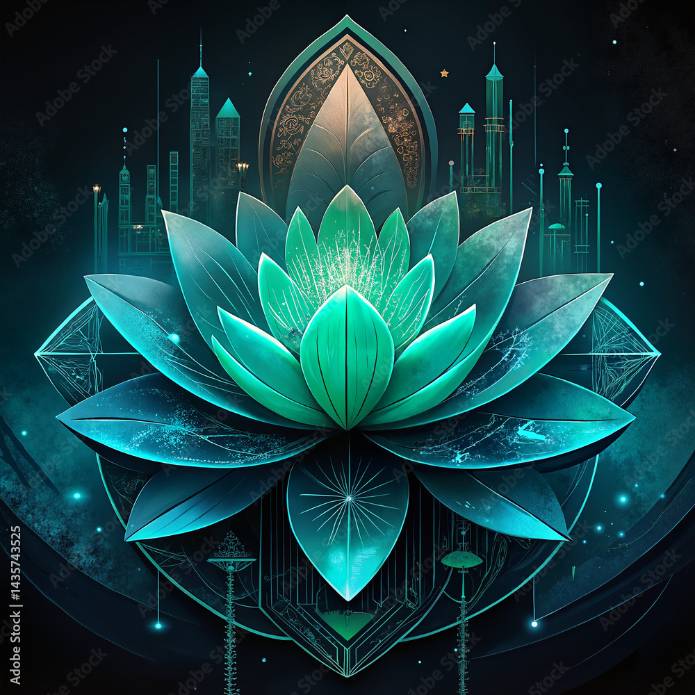 Abstract turquoise lotus flower design with a futuristic backdrop
