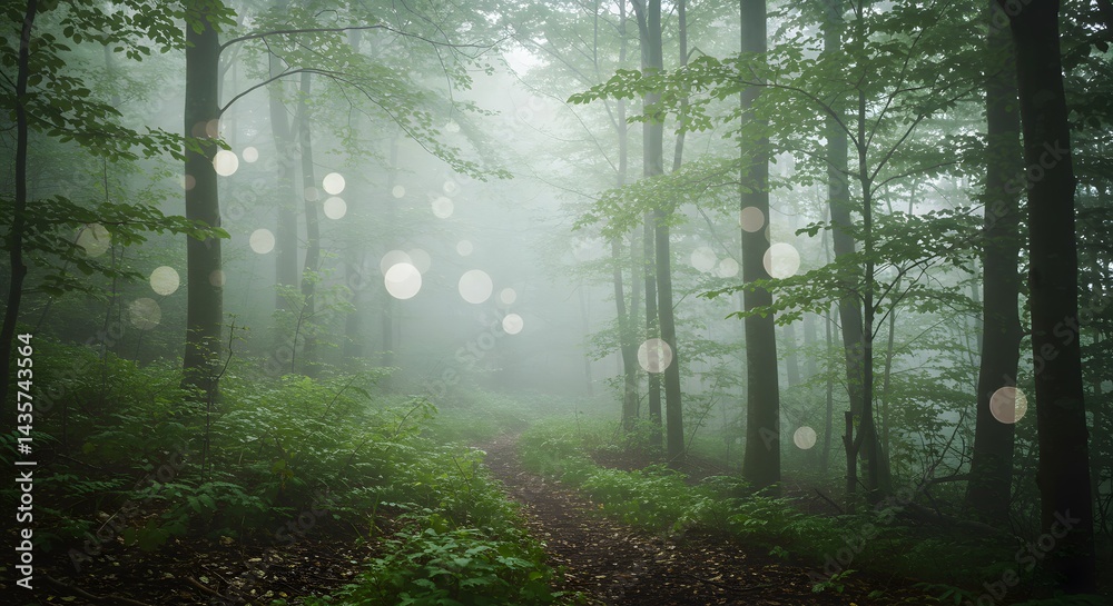 Walking Path Through Misty Forest with Green Foliage and Glowing Lights Walking Path Through Misty Forest with Green Foliage and Glowing Lights