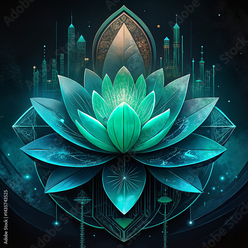 Obraz na płótnie Abstract turquoise lotus flower design with a futuristic backdrop w salonie