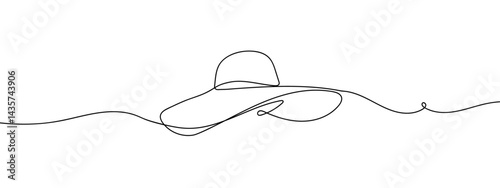 Continuous line, wide brim hat, women's hat, fashion hand drawn line drawing illustration, vector, transparent background.