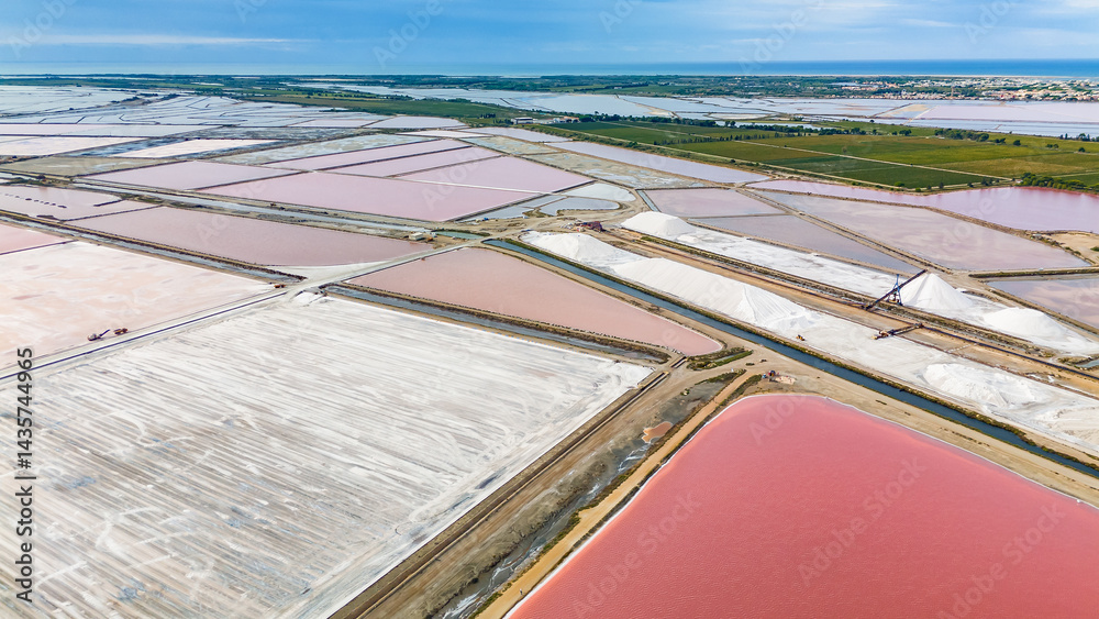 Aerial view of the Aigues-Mortes salt marshes in Camargue, southern France
