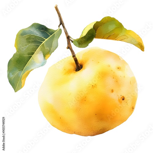 Hand-painted illustration of a vibrant yellow fruit with leaves.