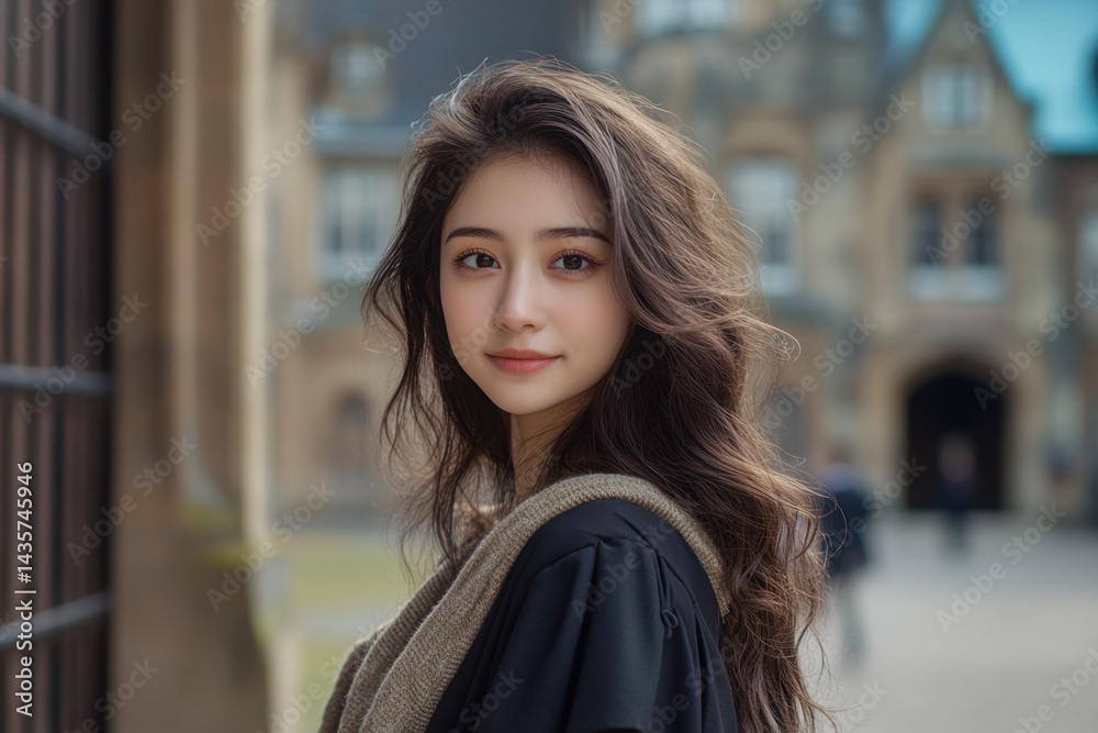 Fototapeta premium Woman with long hair standing in front of a building, gazing at the skyline with a look of awe.