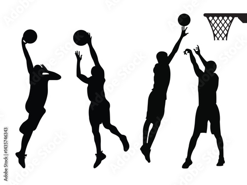 Silhouette of four basketball players jumping  and shooting towards hoop isolated on white background.