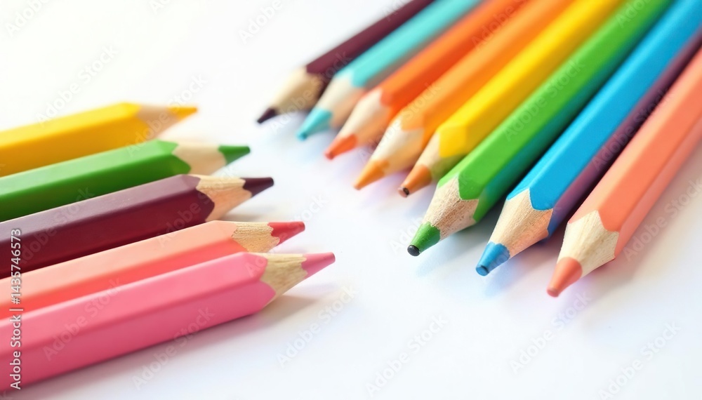 Several colorful pencils arranged on white surface, still life, vibrant, studio Several colorful pencils arranged on white surface, still life, vibrant, studio
