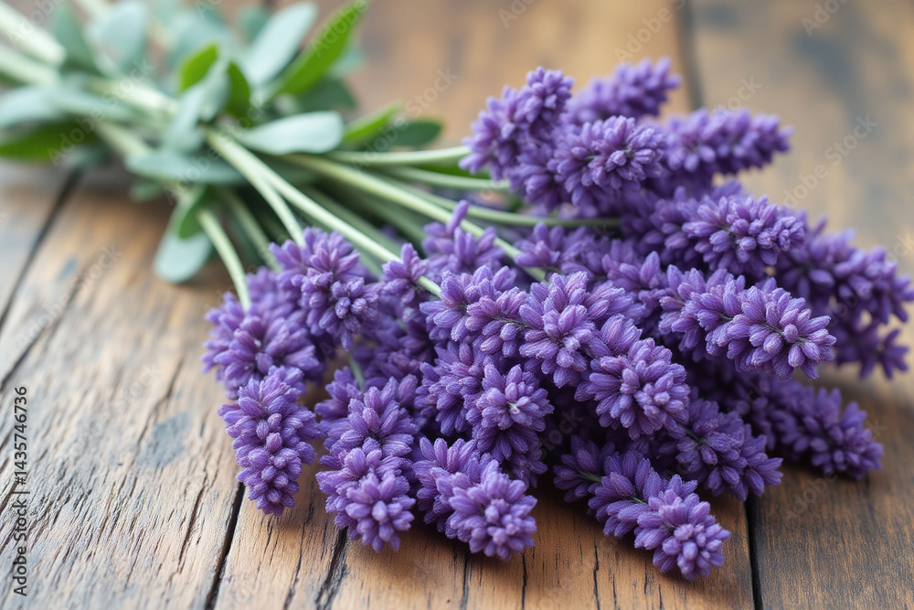 Fototapeta premium bunch of lavender flowers on a wooden table