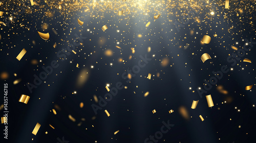 Falling gold confetti on black background, perfect for celebration, party designs, and festive events.