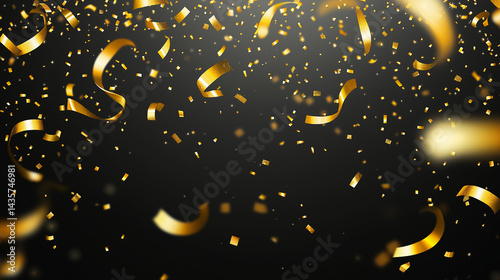 Sparkling gold confetti overlay on dark background for holiday atmosphere, parties, and event designs.