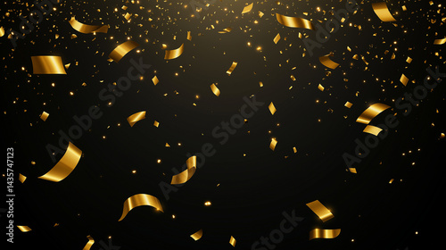 Gold confetti shower on black background, ideal for celebration events, party themes, and festive moods.