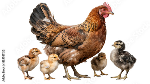 Brown Hen with Four Chicks Isolated on Transparent Background