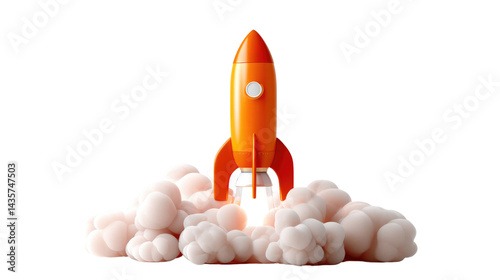 Rocket Launch: A vibrant orange rocket soars skyward amidst billowing clouds of smoke, symbolizing innovation, progress, and the boundless potential of the future.
