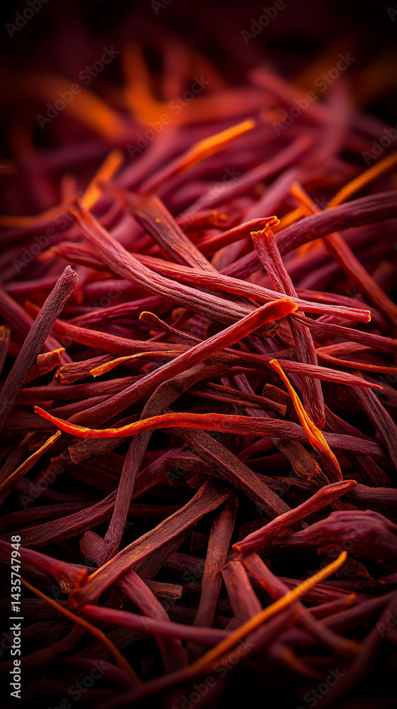 Fototapeta premium Saffron Threads' Crimson Elegance: A close-up shot reveals a luxurious pile of vibrant saffron threads, the essence of gourmet culinary art. Capturing the rich color, delicate texture.