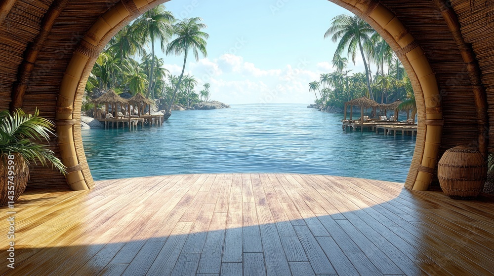 Obraz premium Tropical island view from a wooden arch